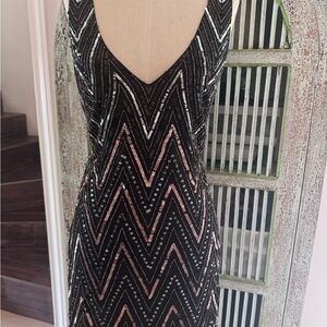 Bebe Black and Silver Sequin Sheath Dress V-Neck Sleeveless